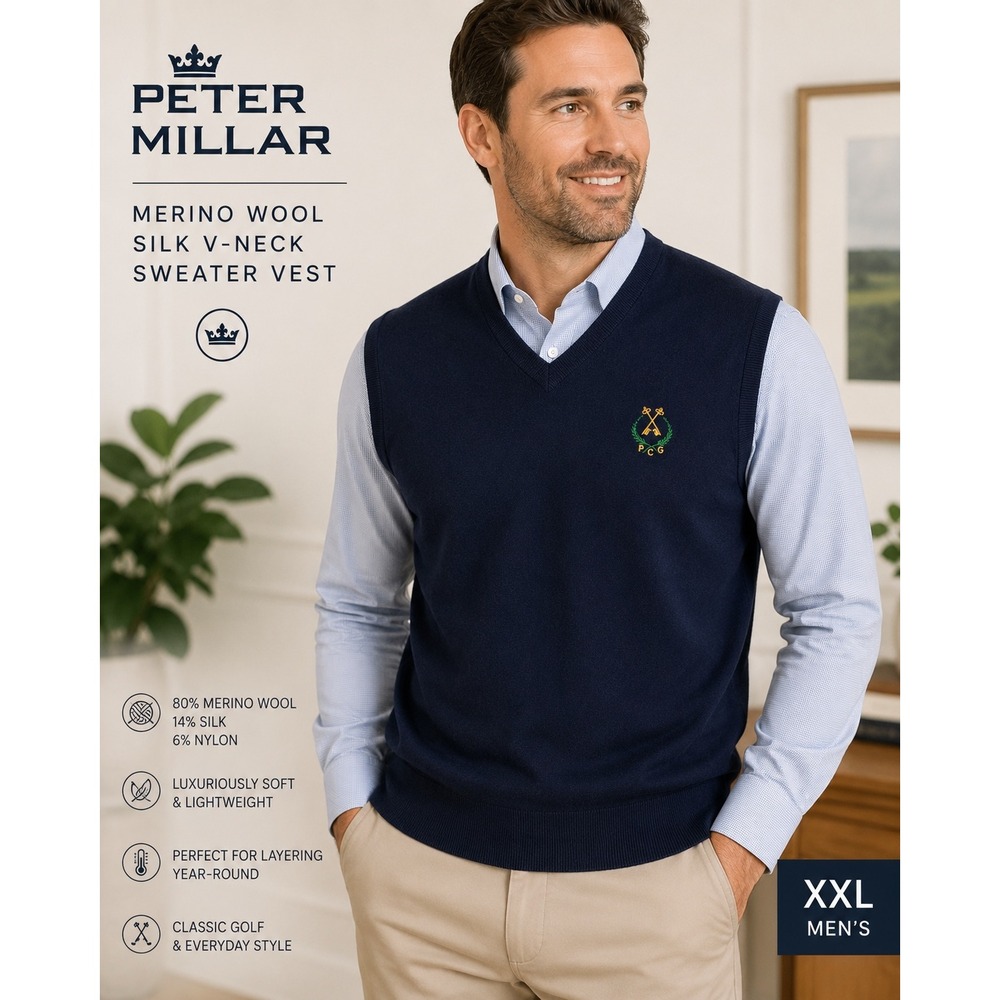 Peter Millar Merino Wool Silk V-Neck Sweater Vest Navy Blue XXL PCG Logo
